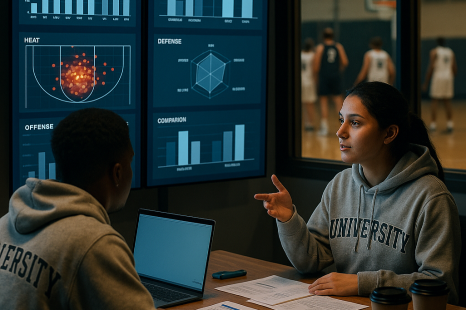 University sports analysts review heatmaps and efficiency charts on large screens while a blurred