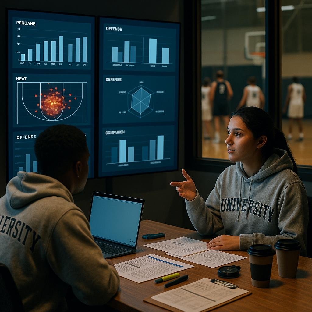 University sports analysts review heatmaps and efficiency charts on large screens while a blurred