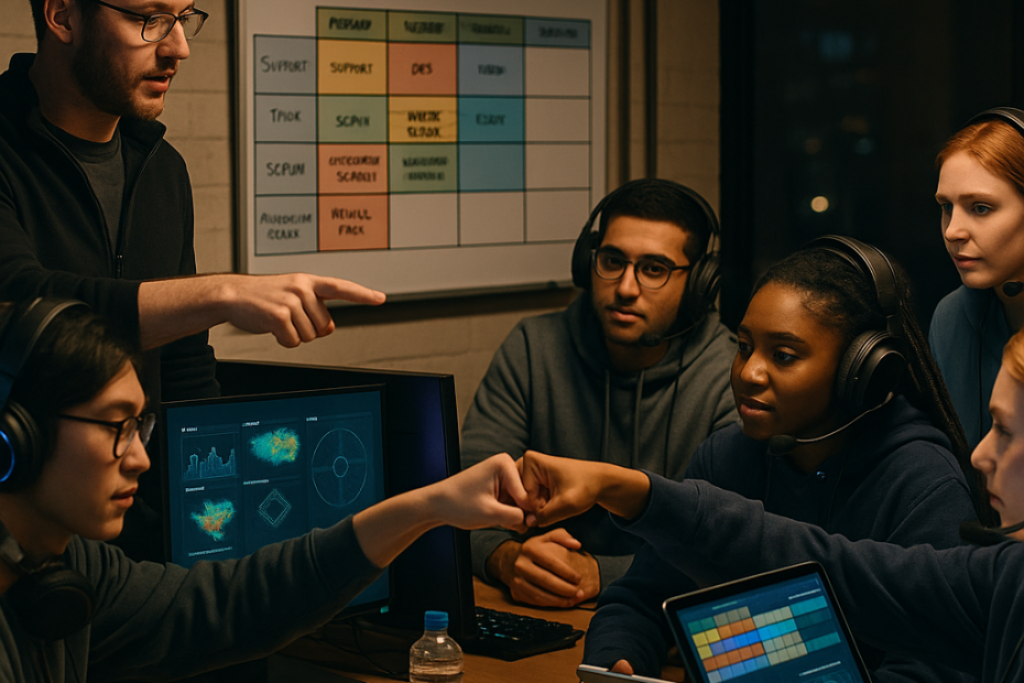 Student esports team and coach plan tournament strategy around PCs and a whiteboard with