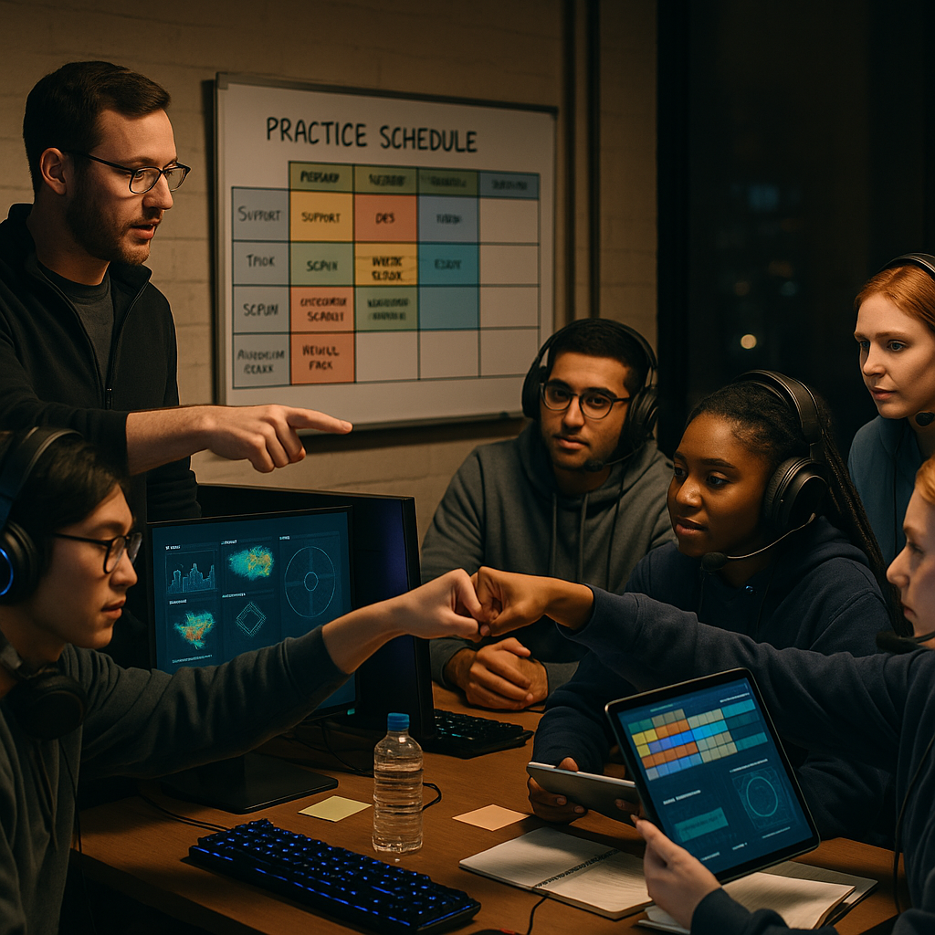 Student esports team and coach plan tournament strategy around PCs and a whiteboard with